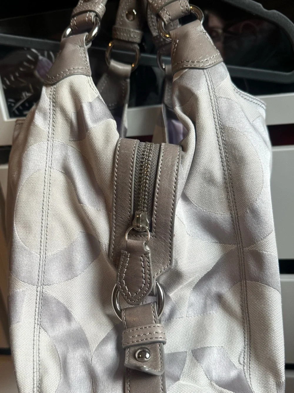 Coach Madison Op Art Maggie Grey Sateen Shoulder Bag with Grey Leather Accents